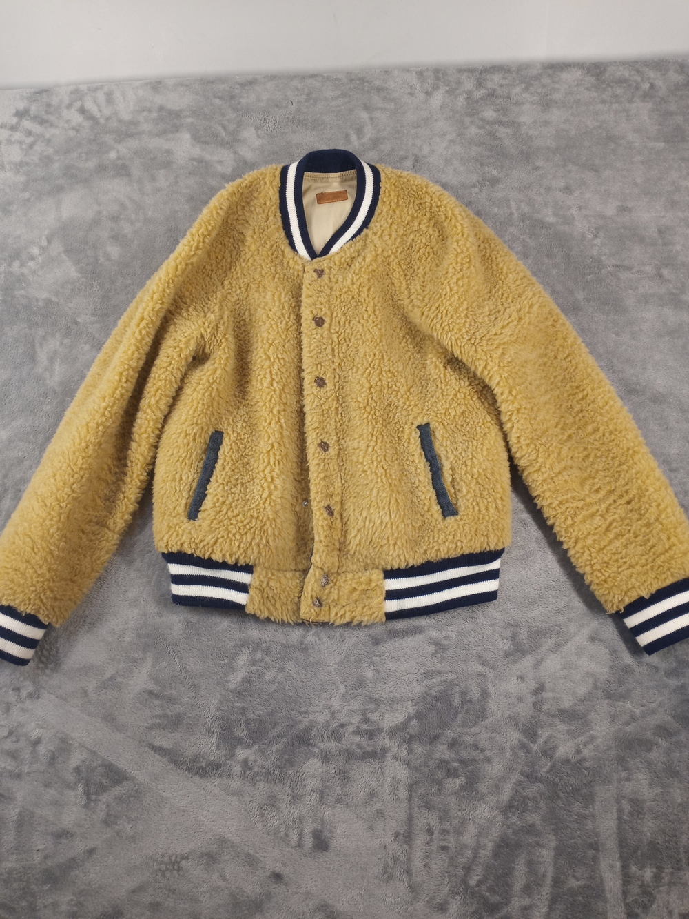 MOTHER Women's Mustard Sherpa Bomber Jacket with Navy Trim Size Small